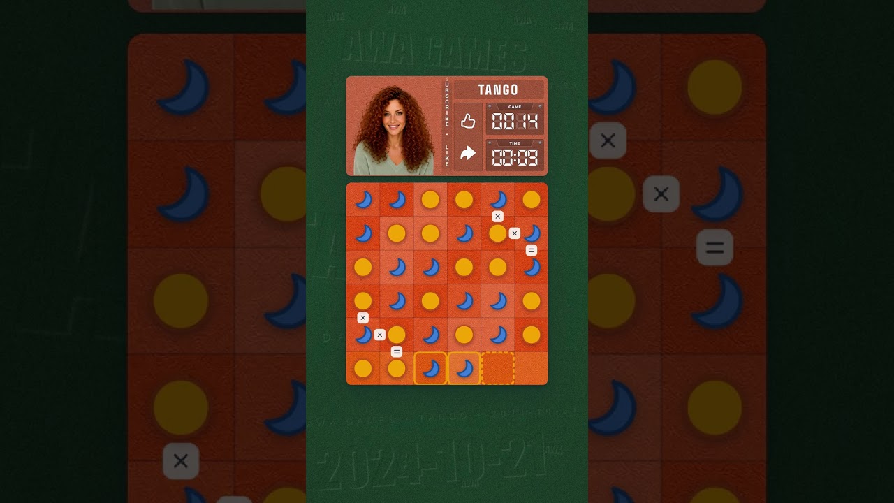 LinkedIn Tango #14 solved board for October 21, 2024, 6x6 grid