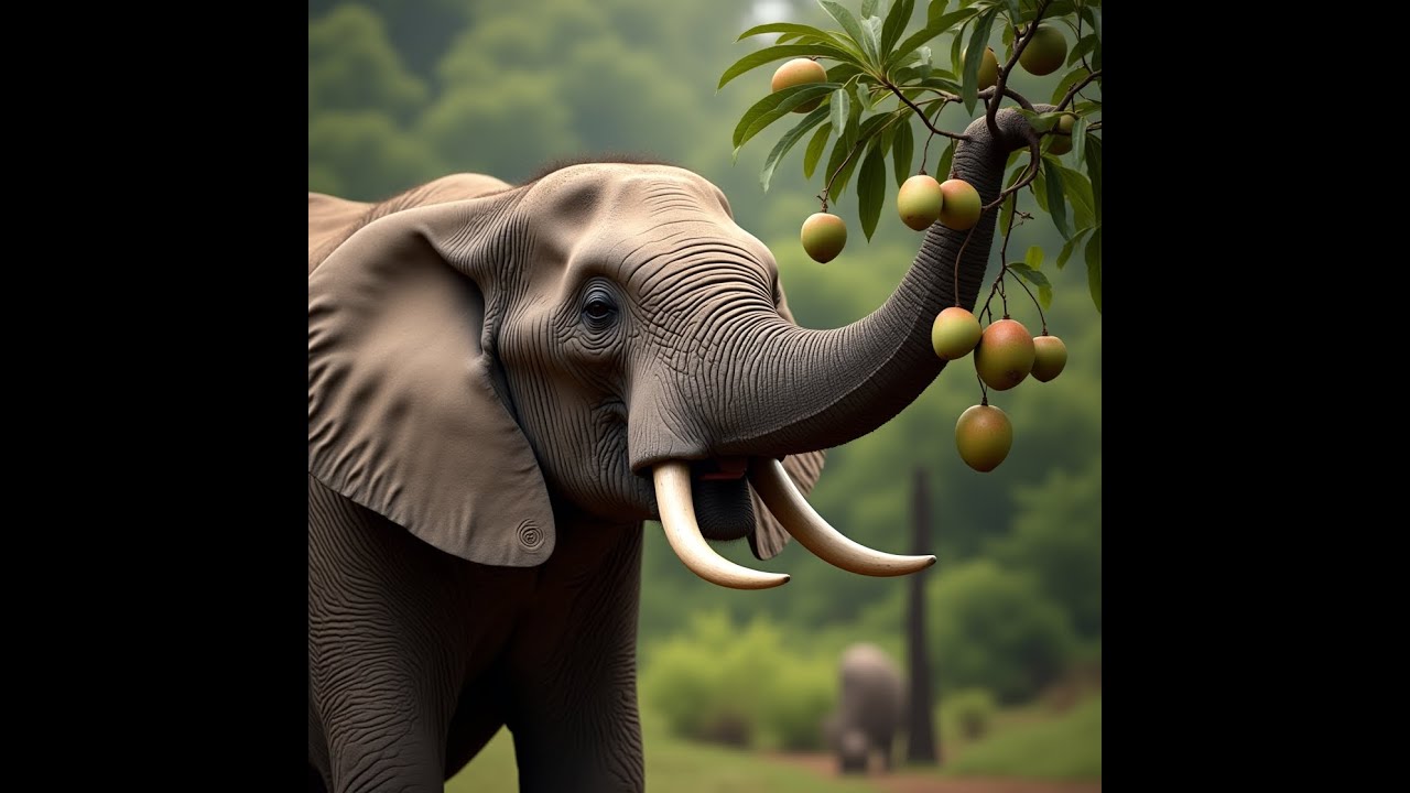 A cute Elephant and mango tree 
