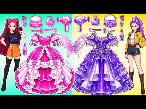 Purple vs Pink Fairy Glow Up! Rumi & Mira Makeup Fashion Challenge | DIY Fashion Paper Dolls
