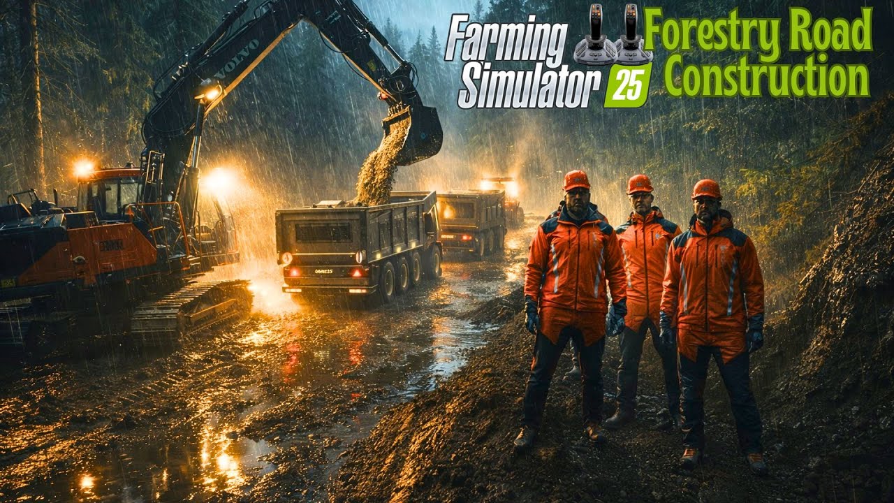 We Built a 2KM FORESTRY ROAD in a RAINY NIGHT 🌧️🛣️ | Viking Crew Hardcore Build | FS25