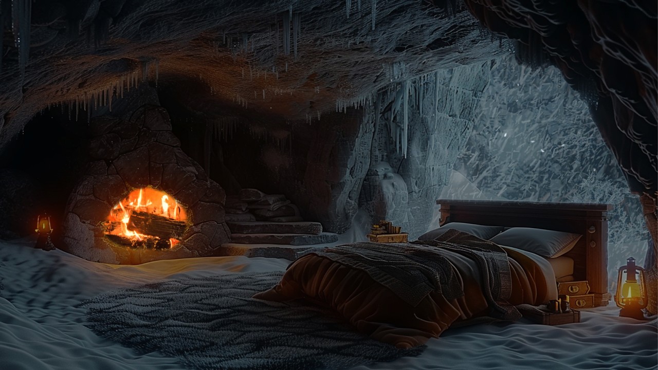 Cozy Fireplace in a Snowy Cave – Relaxing Winter Ambience with Crackling Fire