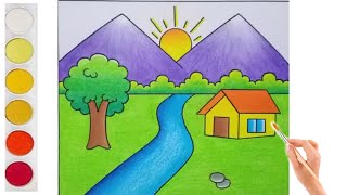 Scenery drawing// How to draw beautiful landscape scenery// Village scenery drawing easy//