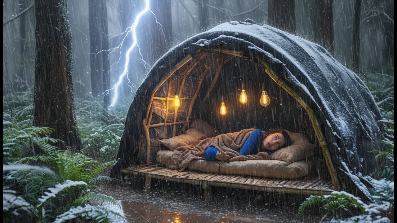 CAMPING IN A THUNDERSTORM AND HEAVY RAIN Struggling to Build a Shelter ...