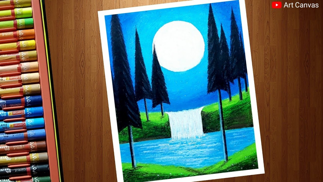 How to Draw Moonlit Waterfall Scenery With Oil Pastel| Step by Step For ...