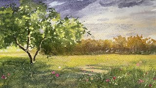 Как рисовать летнее дерево, траву, тучи акварелью. How to paint summer tree, grass, clouds with WC