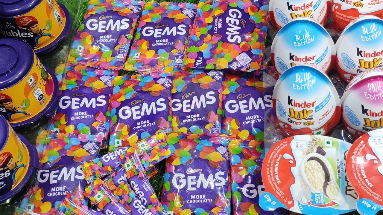 Gems opening video, surprise toys, lot's of candies, chocolate, kinder