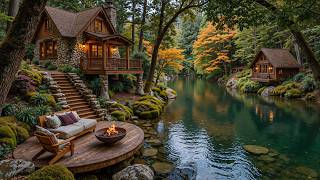 Summer Meets Autumn with Piano Music 🍂🌿Riverside Cabin & Campfire Crackling Sounds screenshot 1