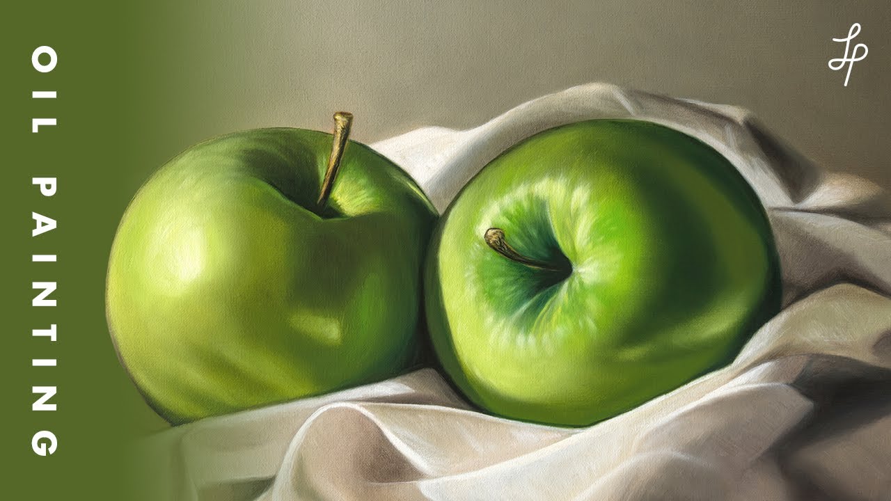 Still Life Oil Painting of Green Apples and Linen