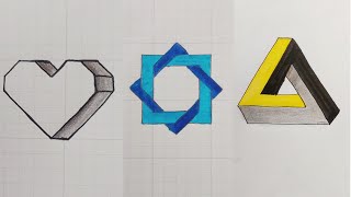 3d Illusion Drawing Tutorials  || How to draw 3d triangle,square & love drawing