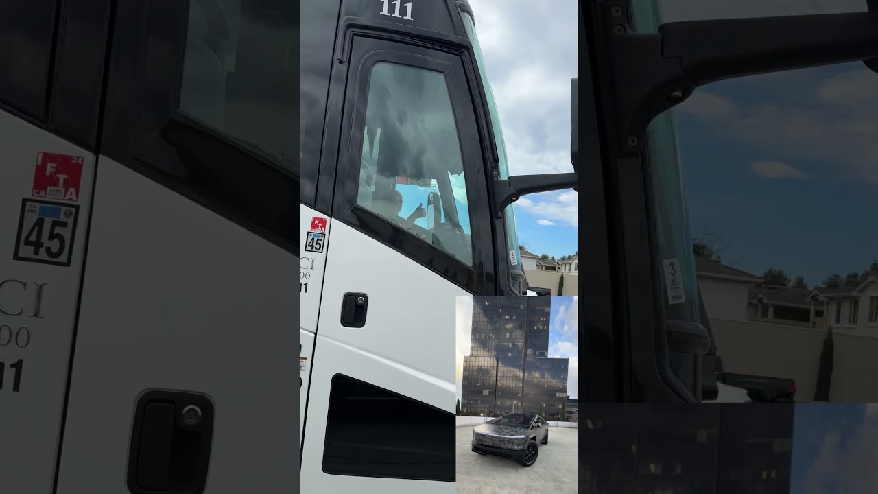 Tour bus gives a thumbs up to the Tesla cybertruck