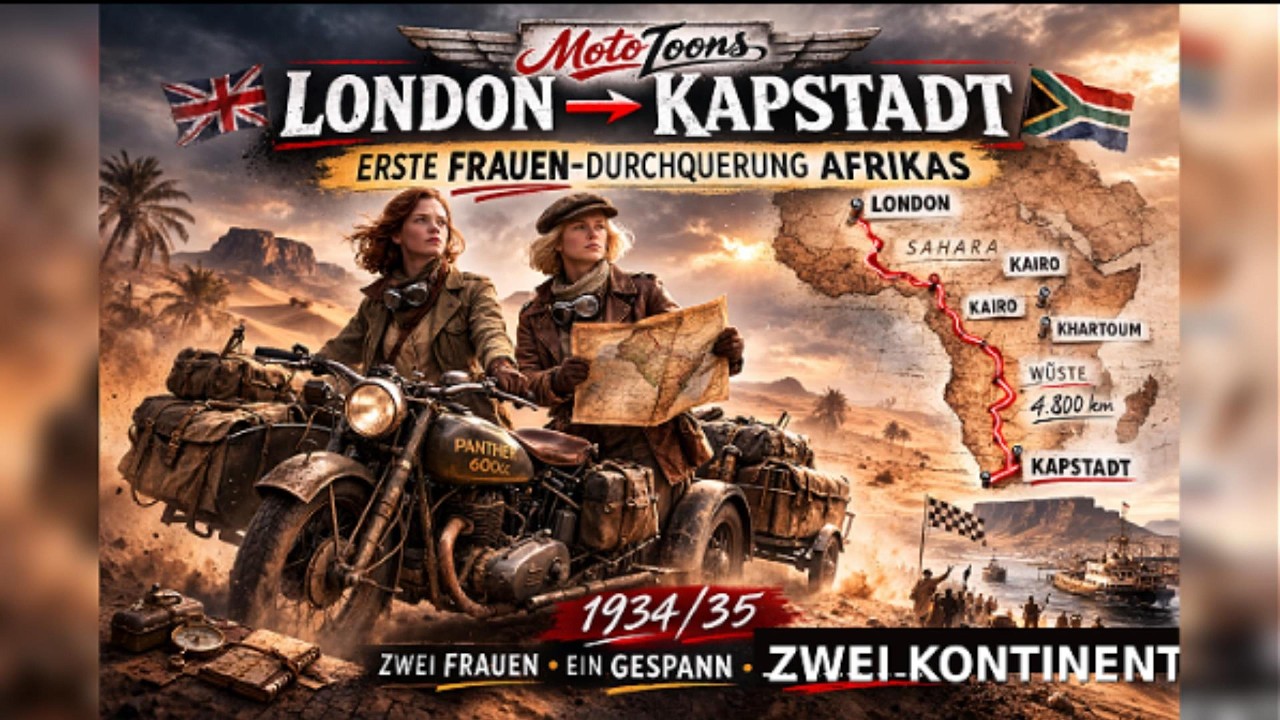 London → Kapstadt (1934/35): Die ersten Frauen mit Motorradgespann durch Afrika | MotoToons
