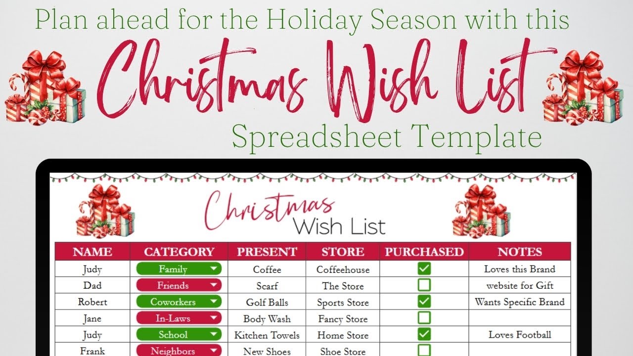 Christmas Wish List Template Google Sheets, Christmas Shopping List, Christmas Gift List Excel