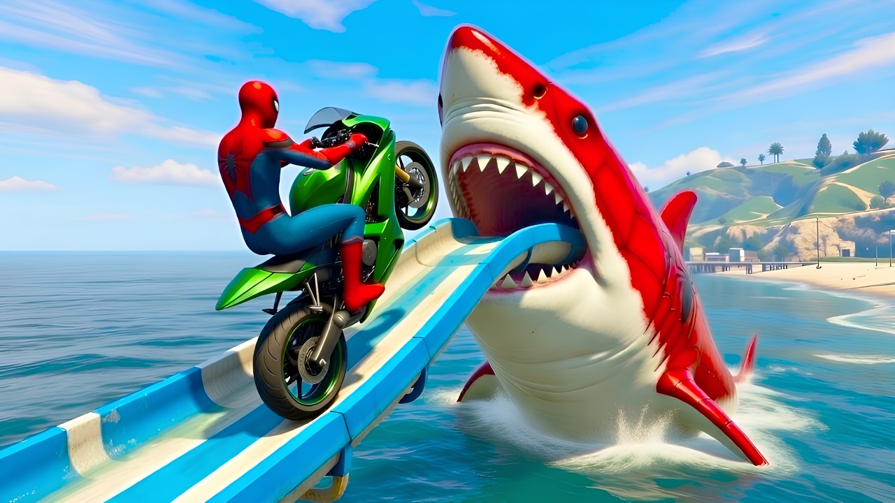 سبايدر مان اصعب دراجة نارية فوق اسماك القرش - Superheroes Ride on Motorcycle Stunt Funny Moments??