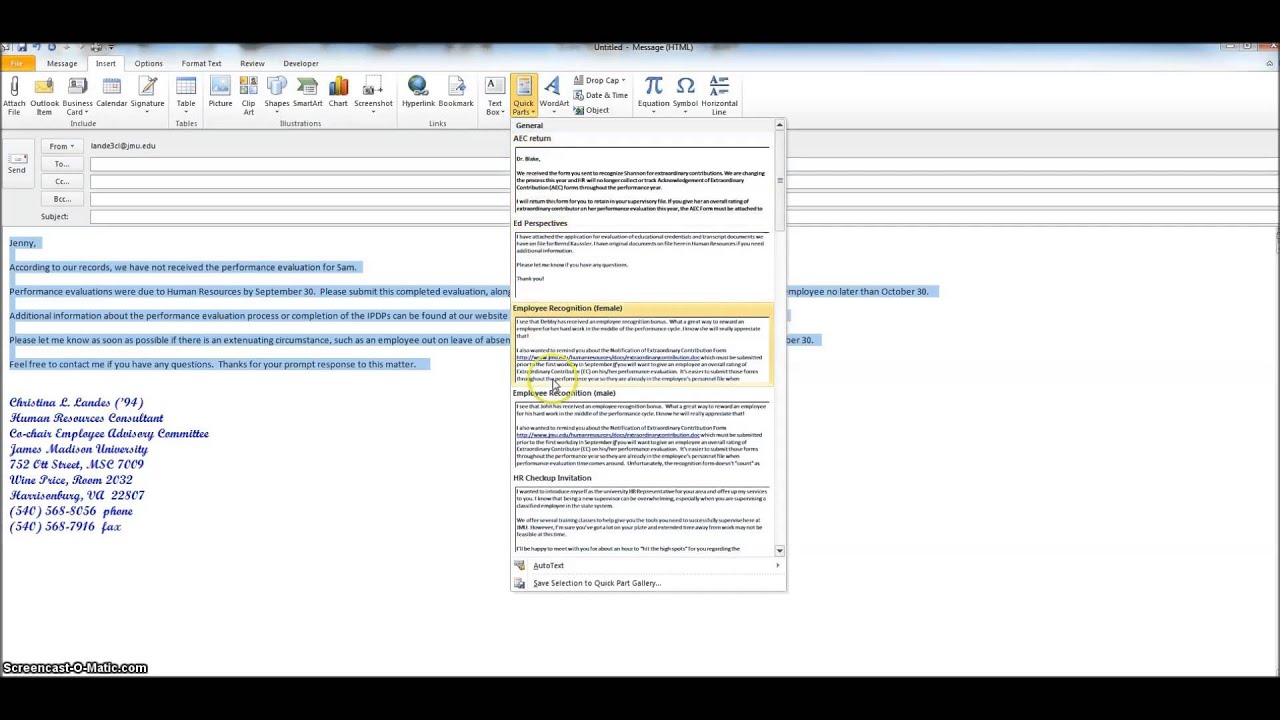 How to Use Microsoft Outlook Quick Parts YouTube
