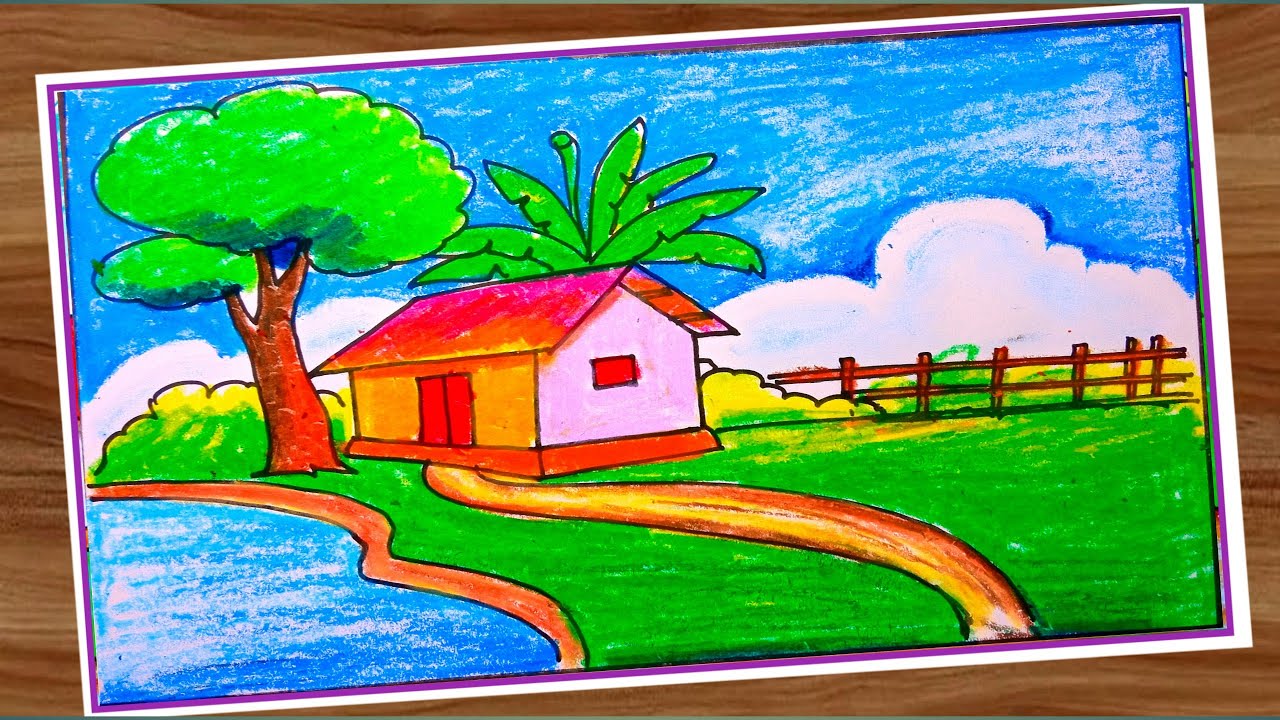How to draw village scenery step by step very easy landscape drawing ...