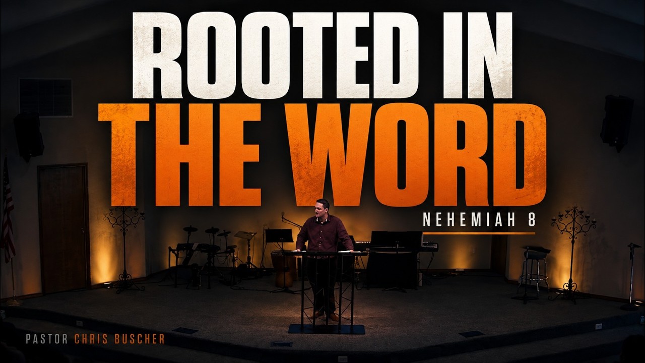 Pastor Chris Buscher preaching from Nehemiah 8 about a Church rooted in Scripture, repentance, and genuine revival