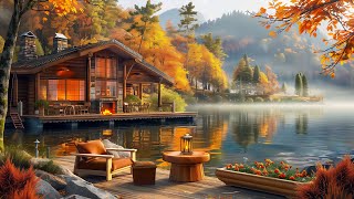 Lakeside Coffee Shop Ambience | Happy Autumn Morning with Jazz Piano & Fireplace Sounds