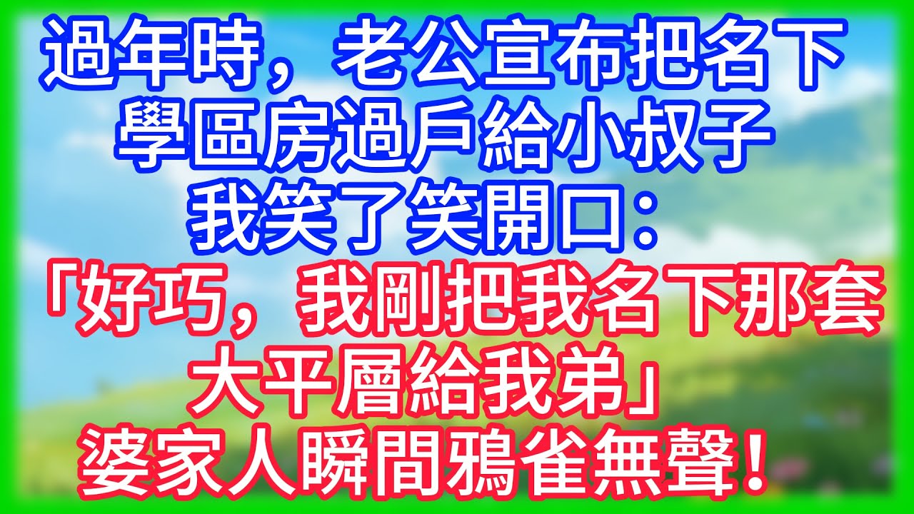 【爽文】過年時，老公宣布把名下學區房過戶給小叔子，我笑了笑開口：「好巧，我剛把我名下那套大平層給我弟」婆家人瞬間鴉雀無聲！
