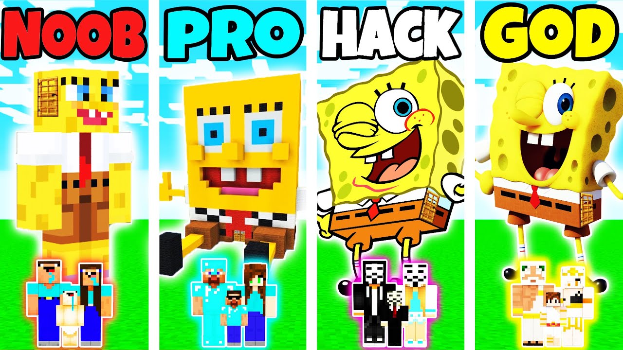 Minecraft: FAMILY SPONGEBOB HOUSE BUILD CHALLENGE - NOOB vs PRO vs HACKER vs GOD in Minecraft