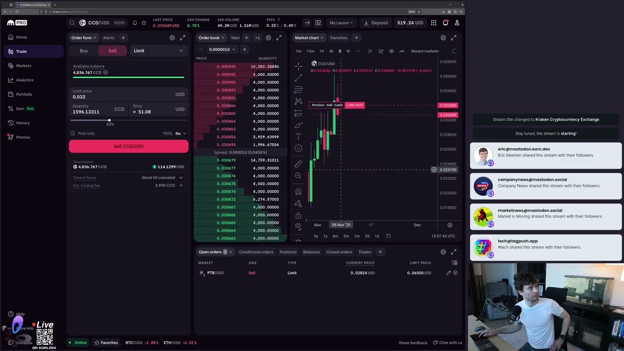 Криптовалютная биржа Kraken | Размещение рыночного ордера PAXG и лимитного ордера CCD