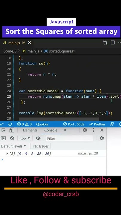 Sort the square of sorted array in javascript #shorts - YouTube image.