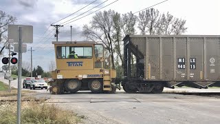 Tiny Track Mobile Pulls Heavy Rock Train Across Busy Railroad Crossing! Industrial Railway Switching