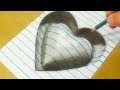 How to Draw 3D Heart  - Drawing 3D heart with Charcoal - Art on Line Paper