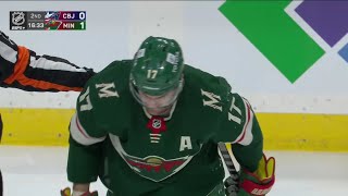 Marcus Foligno is shaken up after colliding with his teammate, Joel Eriksson Ek