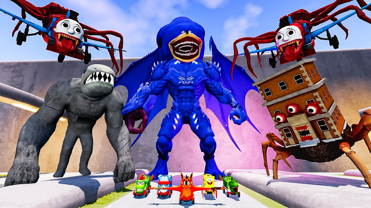 ALL MONSTERS Blue Dragon Sonic & Spider Thomas vs Broken Bridge with SPIDER HOUSE - BeamNG.Drive