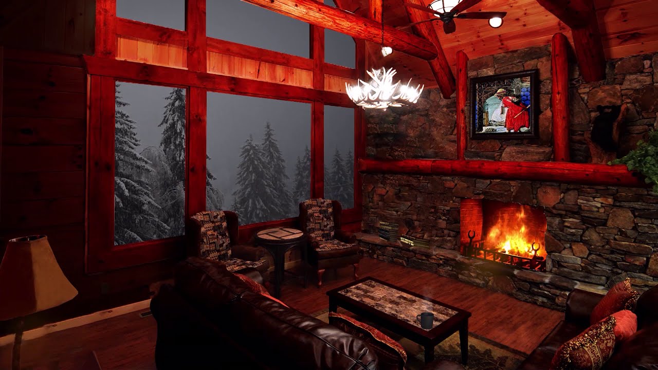 Cozy Cabin Ambience ASMR For Sleep Fireplace and Blizzard Sounds