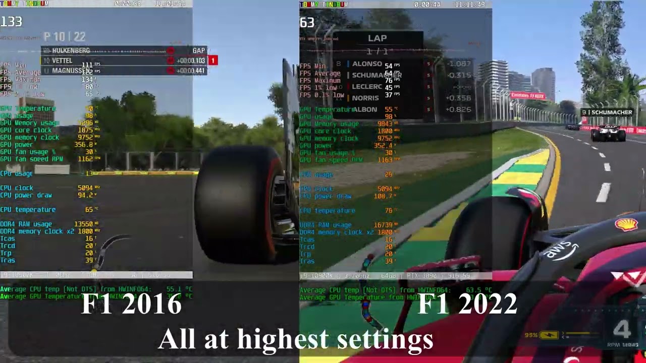 F1 2016 vs F1 2022 4k benchmarks compared - 1 lap Australian Grand Prix