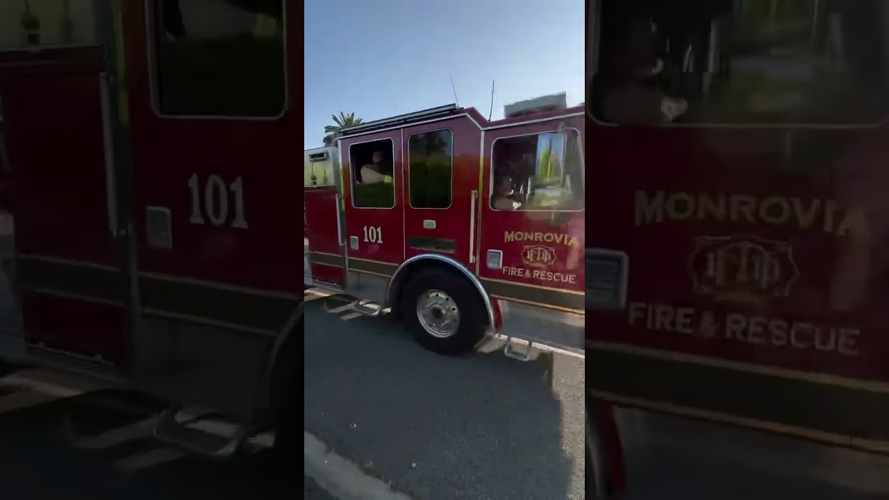 Monrovia fire department truck 101 making a U-turn code 3
