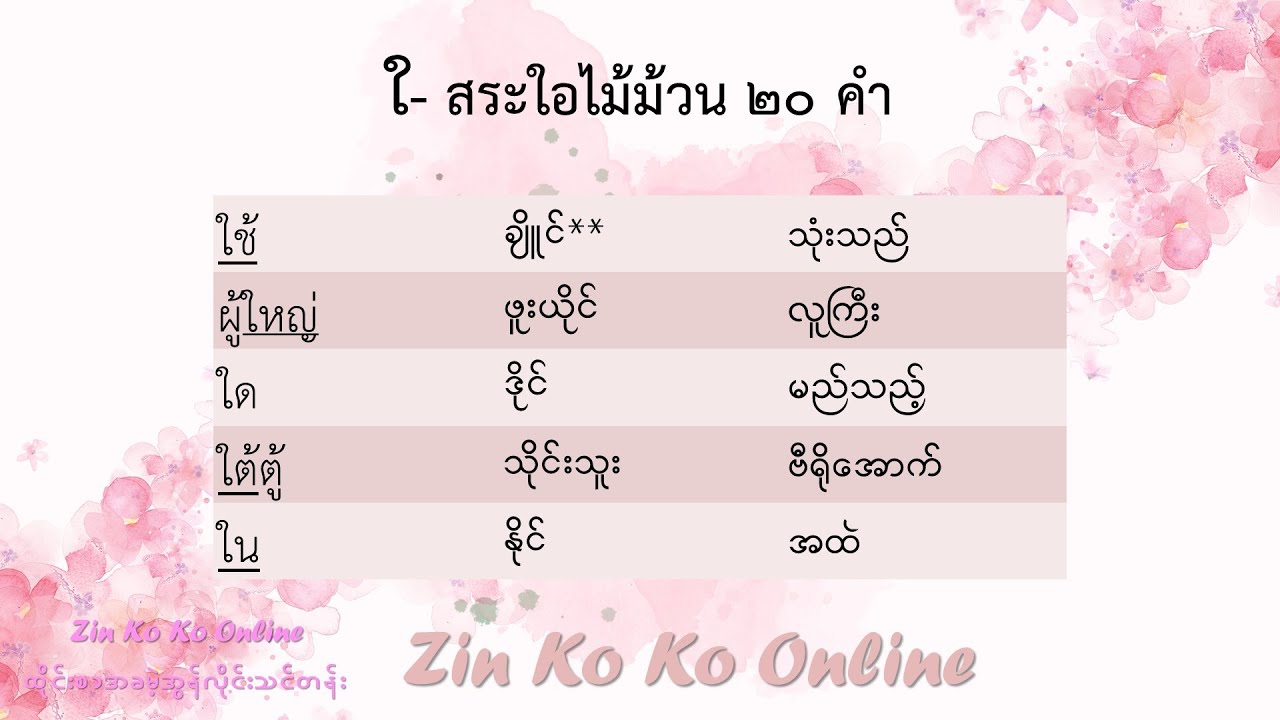 ใ- สระใอไม้ม้วน 20 คำ #စရအိုင်မိုင်*မွာ နဲ့ရေးလို့ရသည့်ထိုင်းစာ အလုံး 20