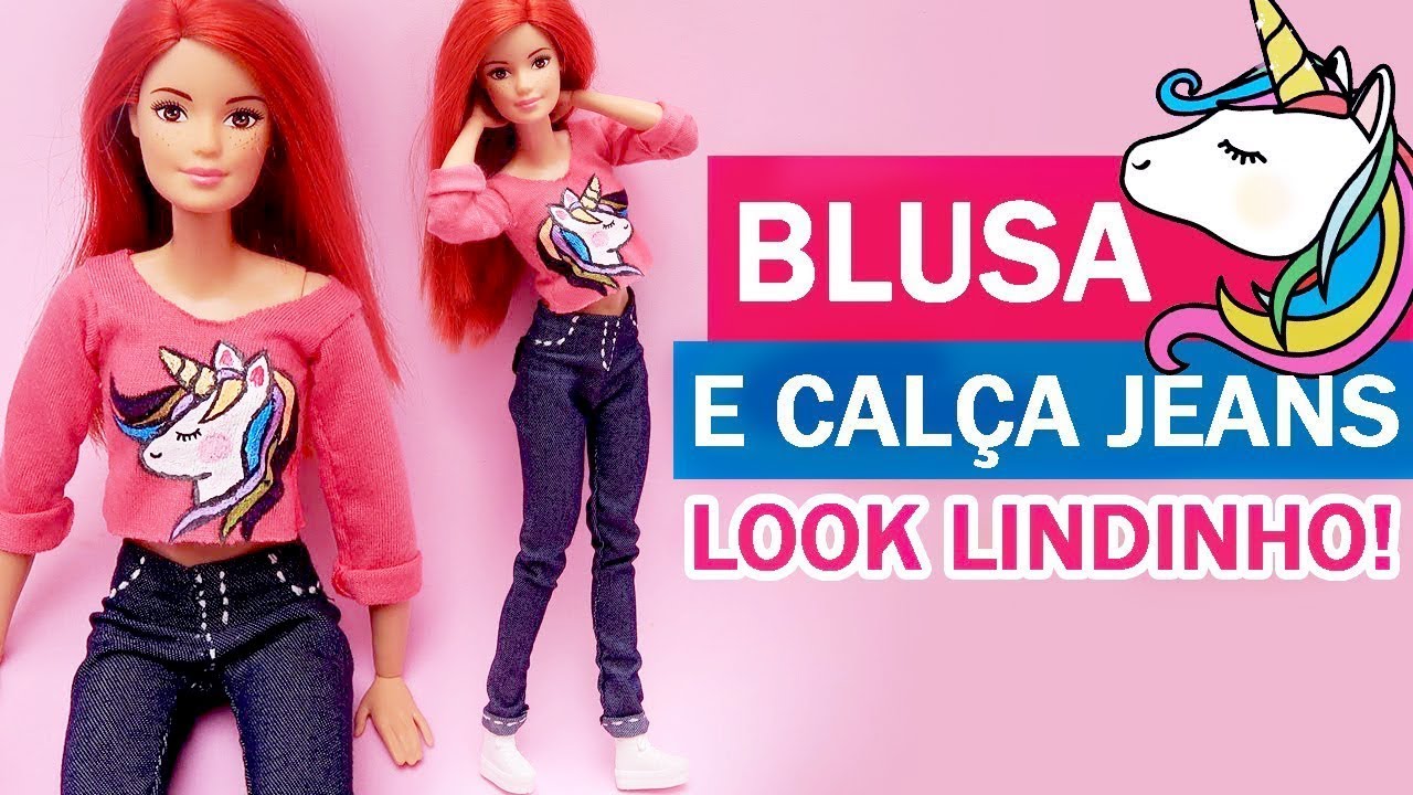 DIY - Blusa com Estampa Unicórnio e Calça Jeans para Barbie, Monster High e outras Bonecas