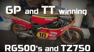 GP and TT winning RG500 and TZ750 details + start up Full noise 2 stroke racers Randy Mamola 500gp