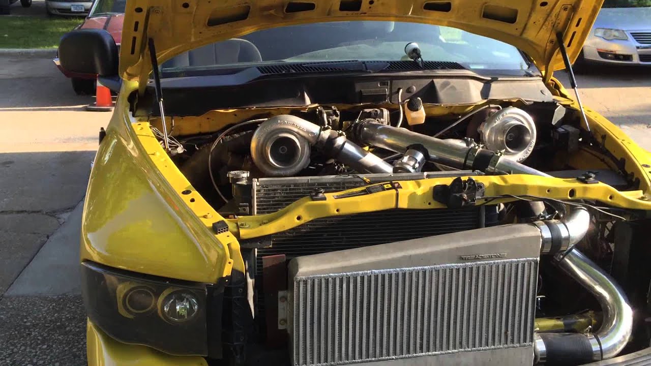 Twin turbo 392 stroker hemi rumble bee exhaust through fenders - YouTube