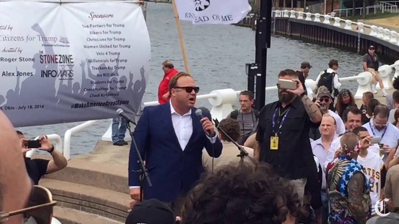 "Hillary for Prison" Alex Jones chants at pro-Trump rally