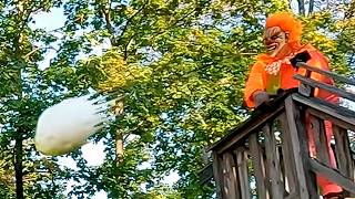 Evil Clown Tosses 1 lb 11 oz Monster Giant Puffball Mushroom Explodes Slow Motion Off 15 Ft Deck