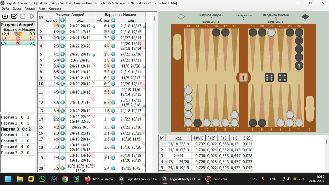 Longgammon match analysis and review of mistakes