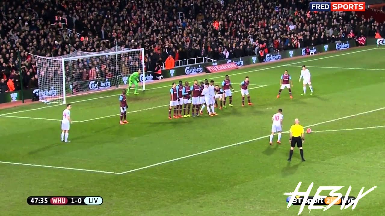 Coutinho under the wall freekick West ham vs Liverpool FC 09/02/2016 HD