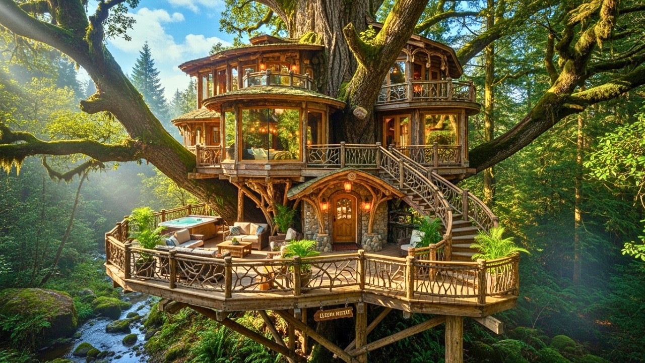 Extreme Treehouse Build on a Giant Tree  Secret Luxury Treehouse in the Deep Forest