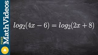 Apply the equality of logarithms to solve, log2 (4x - 6) = log2 (2x + 8)