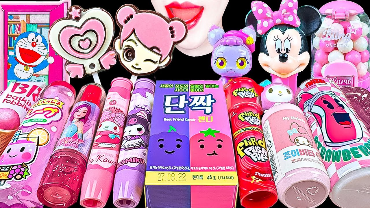 ASMR PINK CANDY🩷MINNIE MOUSE MY MELODY DORAEMON PUSHPOP 미니마우스 마이멜로디 도라에몽 핑크 캔디 먹방 EATING MUKBANG