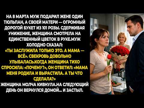 На 8 марта муж подарил жене один тюльпан, а своей матери — огромный дорогой букет из 101 розы...