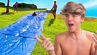 We Put a GIANT Water Slide In Our Backyard (Gone Wrong)