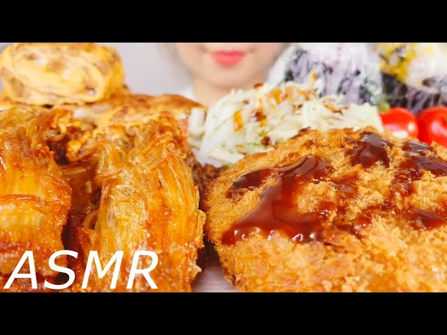 [咀嚼音]メンチカツ&えのきフライ&納豆玉子焼き&のりたまおにぎりとシソゆかりおにぎりを食べる[食べるだけ][ASMR][モッパン]