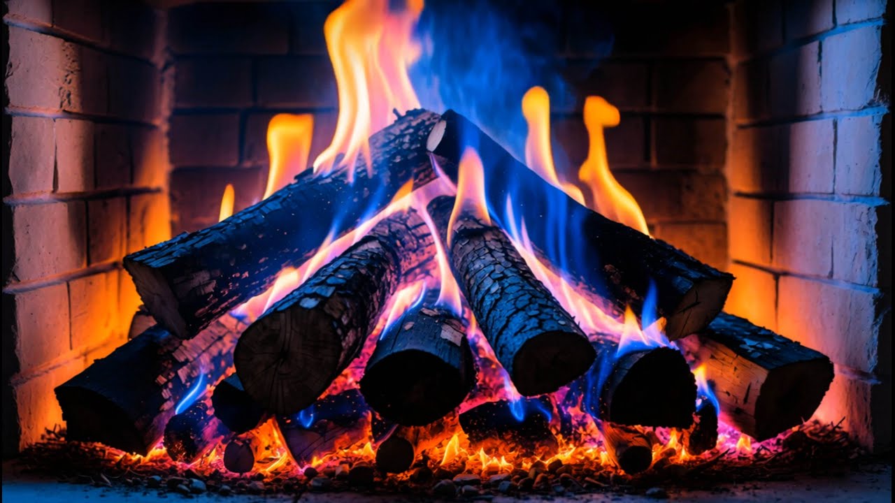 🔥 Unwind and Feel Safe with Soothing Blue & Orange Fireplace Flames in a Cozy Brick Setting
