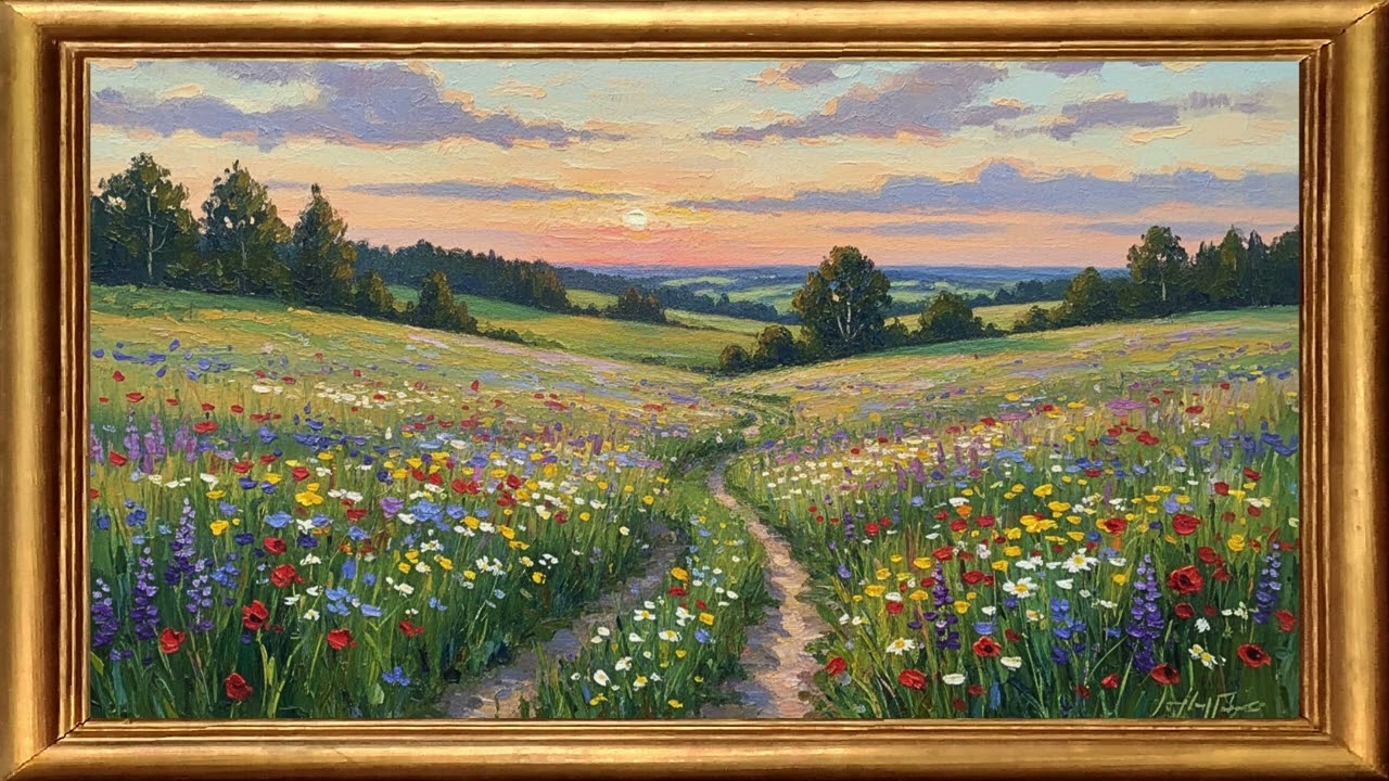 Flower Meadow | Framed Oil Painting Nature Art 4K (1 Hour Relaxing Background)