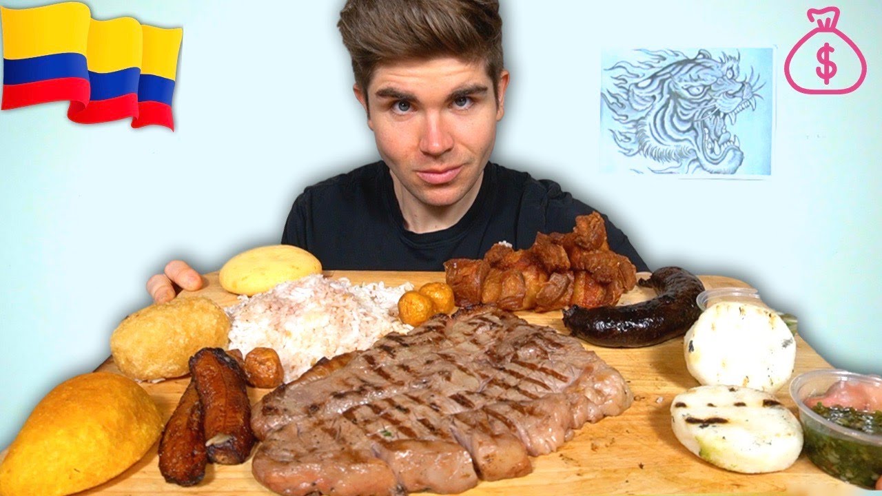 Giant STEAK Dinner Mukbang + Bacon, Garlic Bread, Blood Sausage, & Empanadas + (Colombian FEAST)