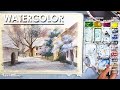 Watercolor Winter House Landscape Painting | step by step coloring